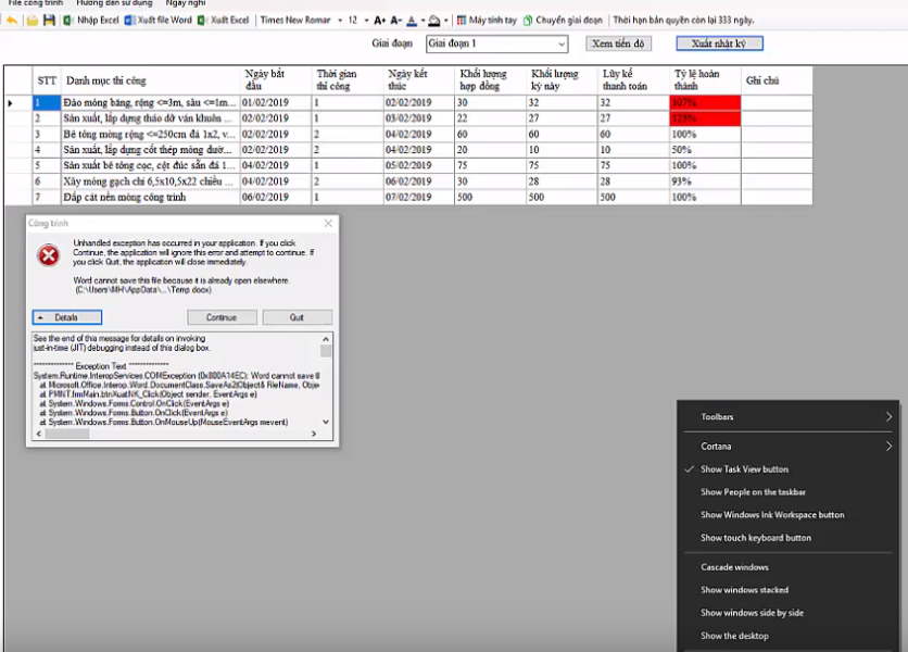 22. Hướng dẫn lỗi không xuất được file word trong phần mềm nghiệm thu xây dựng 360